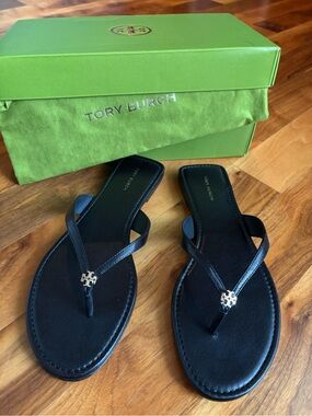 Tory Burch Black Leather Logo Thong Sandals